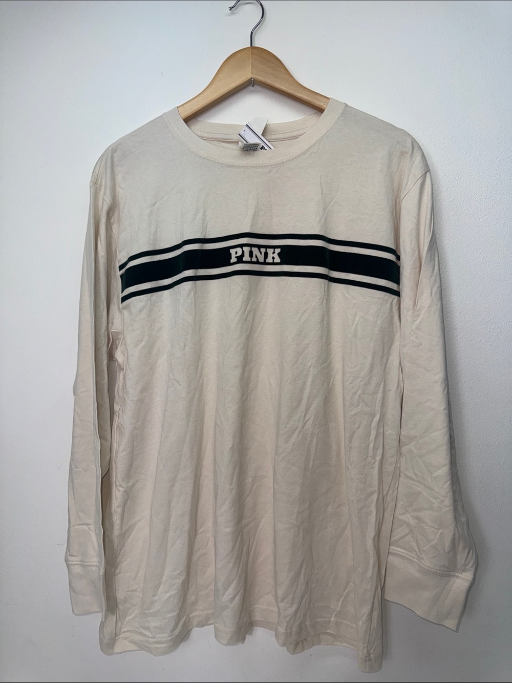 PINK Victoria's Secret Cream Long Sleeve Tee with Black Stripe Logo